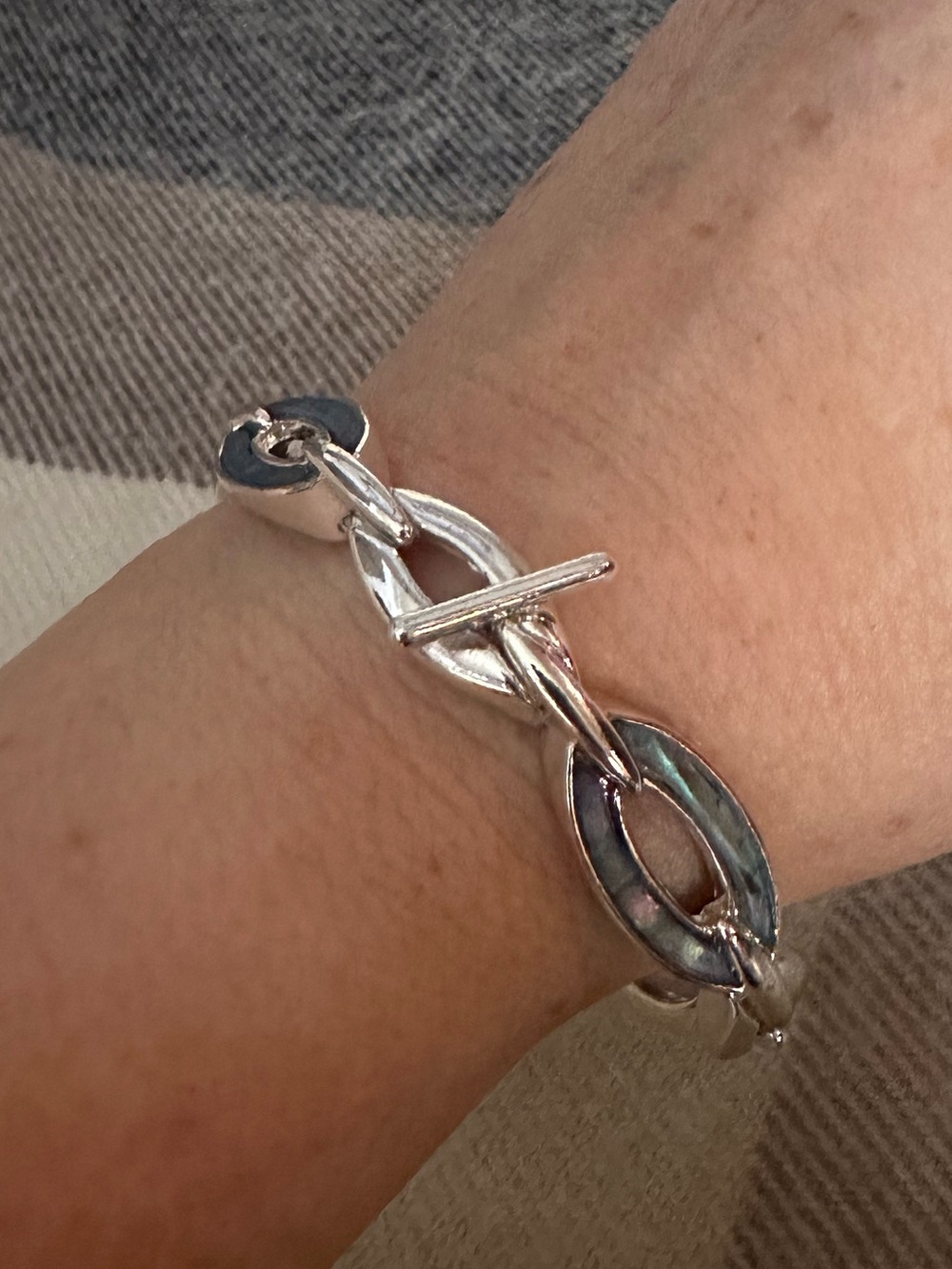 Silver Chain Necklace and Bracelet Set with Mother of Pearl Style Marbled Links
